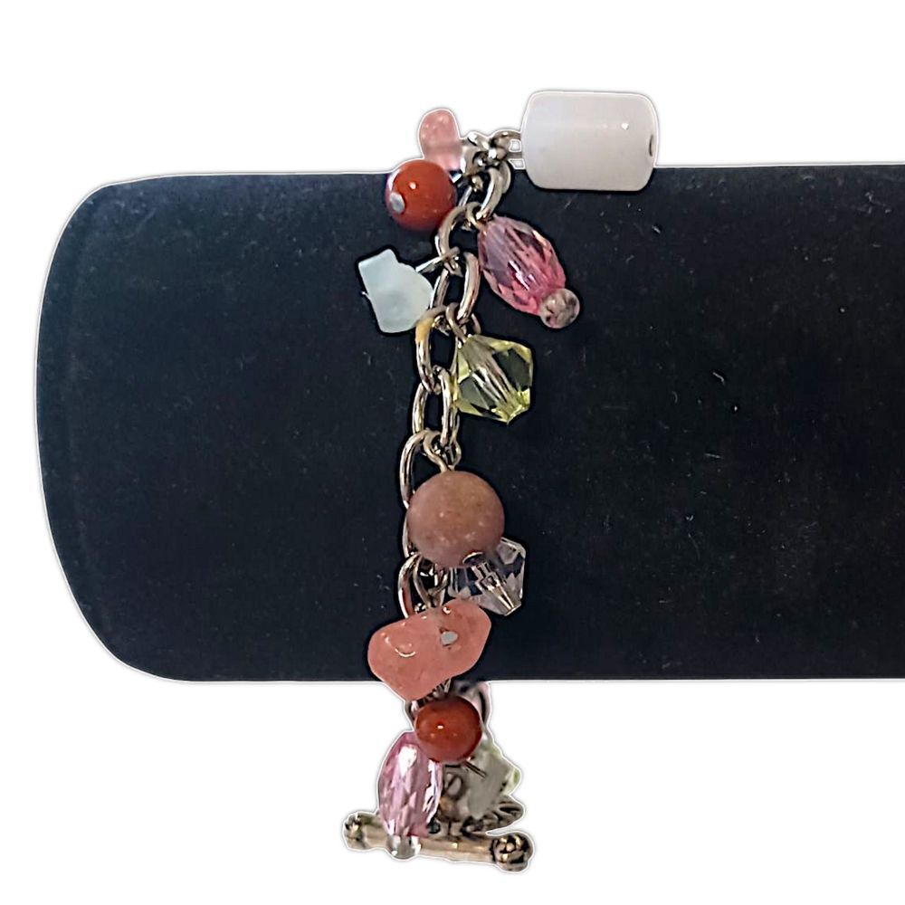 Y2K‎ Pink Green Glass Chip Charm Bracelet Silver Tone Toggle Bohemian Chunky Vtg